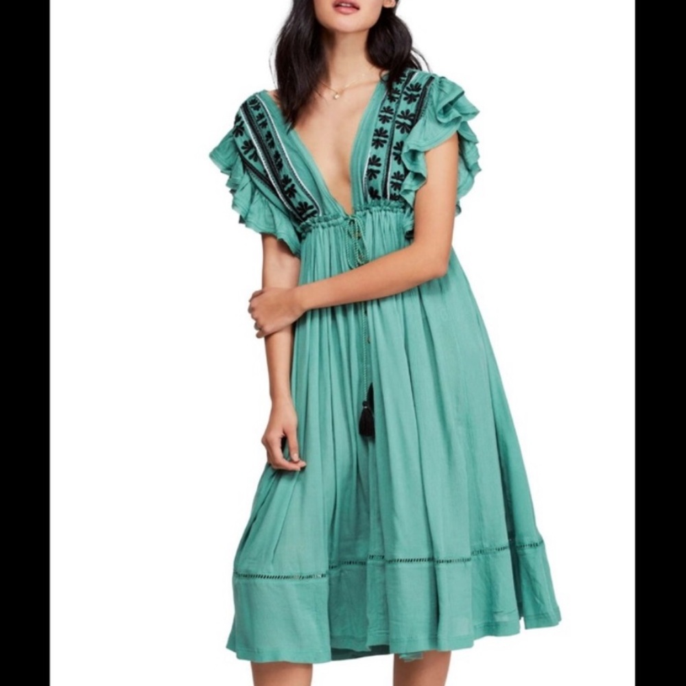 Free People Boho Floral Embroidered Midi Dress Green & Black Size Small